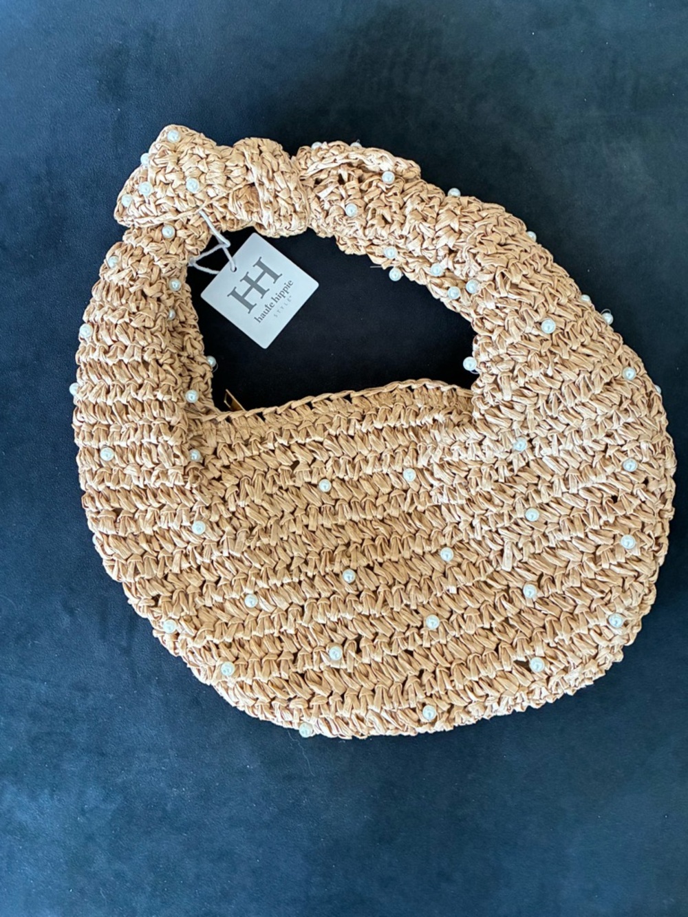 🌹Haute Hippie Tan Woven Pearl-Embellished Straw handbag Hobo - Picture 7 of 8